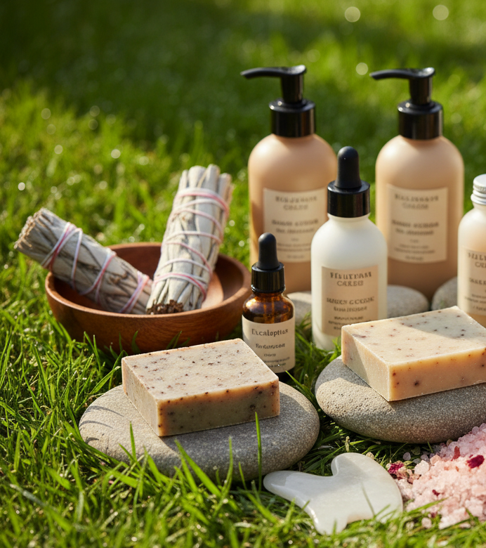 self-care products in the grass